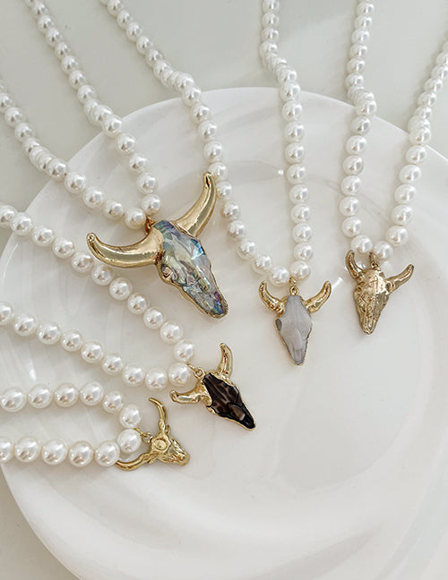 Fashion Golden 1 Alloy Shell Crystal Bull Head Pearl Beaded Necklace