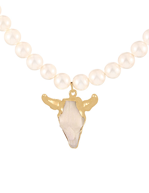 Fashion Golden 1 Alloy Shell Crystal Bull Head Pearl Beaded Necklace