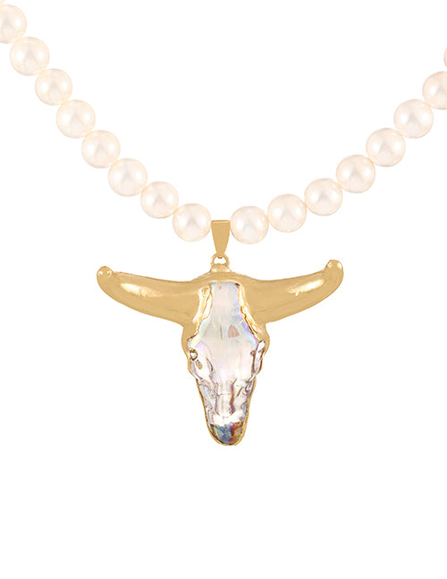 Fashion Golden 1 Alloy Shell Crystal Bull Head Pearl Beaded Necklace