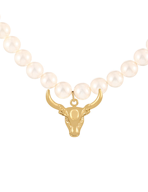 Fashion Golden 1 Alloy Shell Crystal Bull Head Pearl Beaded Necklace