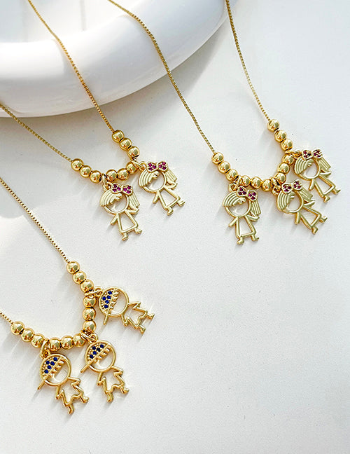 Fashion Golden 1 Brass Set Zircon Boys Girls Pendant Beaded Necklace
