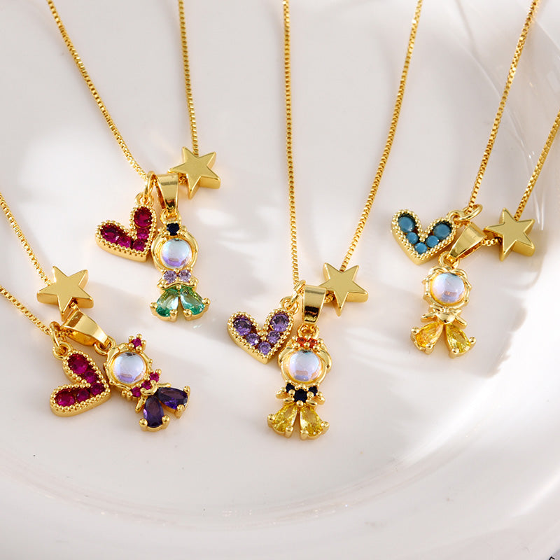 Fashion Golden 1 Copper Paved Zirconia Heart Princess Pendant Necklace