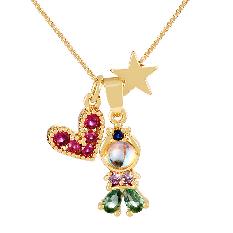 Fashion Golden 1 Copper Paved Zirconia Heart Princess Pendant Necklace