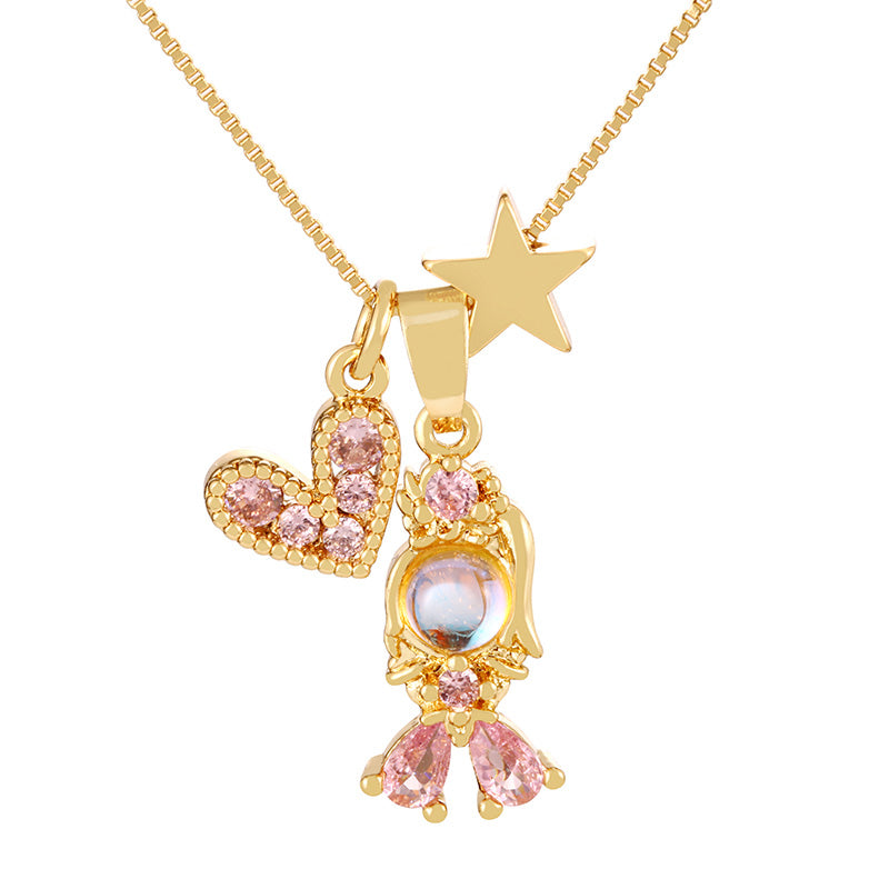 Fashion Golden 1 Copper Paved Zirconia Heart Princess Pendant Necklace