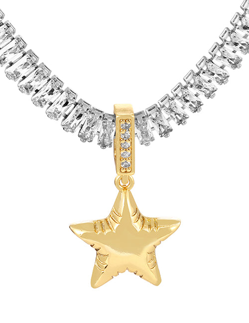 Fashion Golden 1 Copper Paved Zirconia Pentagram Pendant Necklace