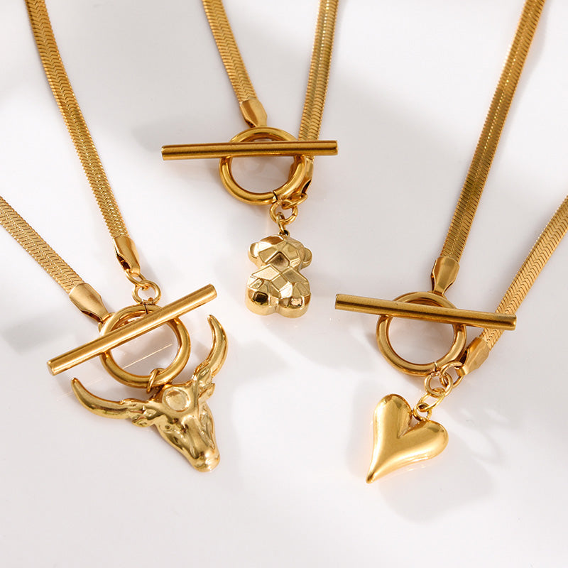 Fashion Golden 1 Titanium Steel Bull Head Pendant Ot Buckle Snake Bone Chain Necklace