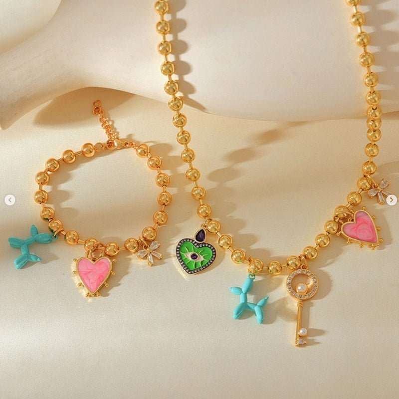 Fashion Golden 2 Copper Inlaid Zircon Drop Oil Love Balloon Dog Pendant Bead Bracelet (6mm)