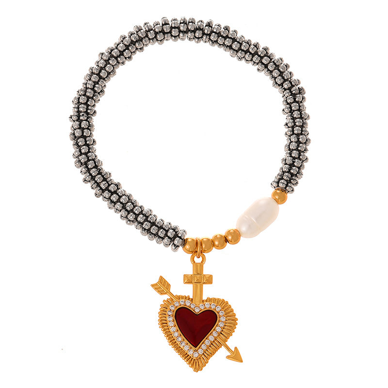 Fashion Golden 2 Copper Inlaid Zircon Irregular Oil Drop Love Pendant Beaded Pearl Bracelet