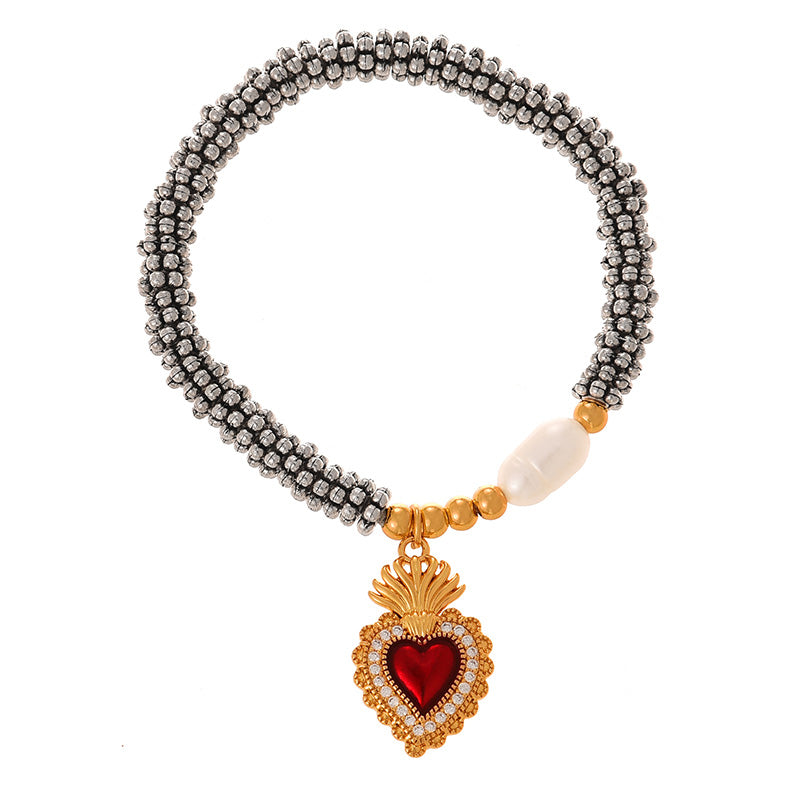 Fashion Golden 2 Copper Inlaid Zircon Irregular Oil Drop Love Pendant Beaded Pearl Bracelet