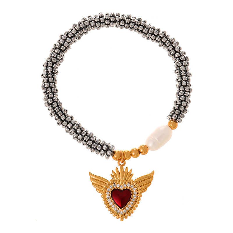 Fashion Golden 2 Copper Inlaid Zircon Irregular Oil Drop Love Pendant Beaded Pearl Bracelet