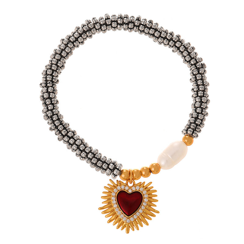 Fashion Golden 2 Copper Inlaid Zircon Irregular Oil Drop Love Pendant Beaded Pearl Bracelet