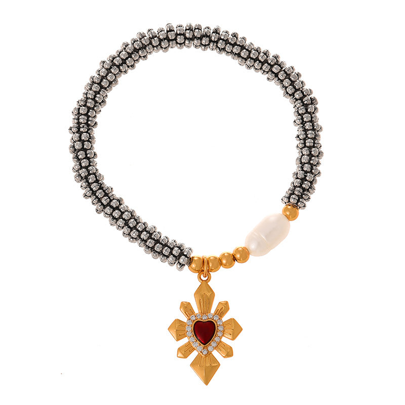 Fashion Golden 2 Copper Inlaid Zircon Irregular Oil Drop Love Pendant Beaded Pearl Bracelet