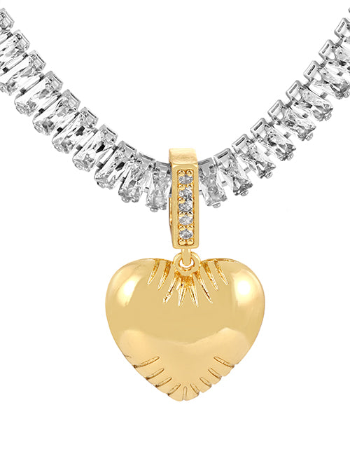 Fashion Golden 2 Copper Paved Zirconia Heart Pendant Necklace