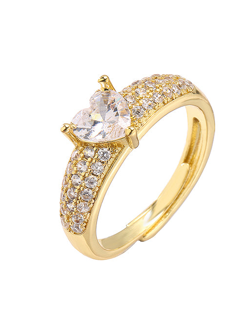 Fashion Golden Trumpet Heart Brass Zirconium Heart Open Ring