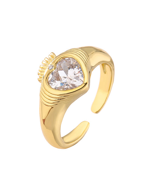 Fashion Golden Trumpet Heart Brass Zirconium Heart Open Ring