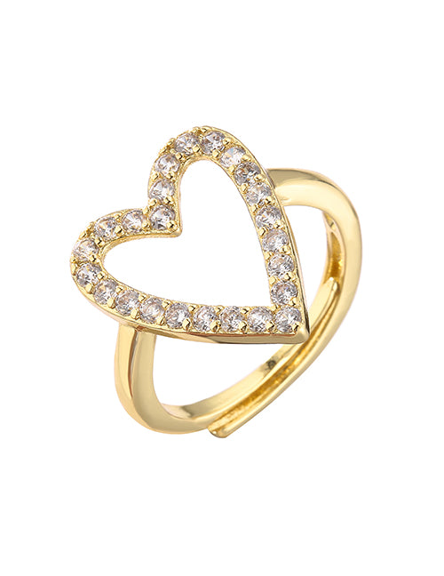 Fashion Golden Trumpet Heart Brass Zirconium Heart Open Ring