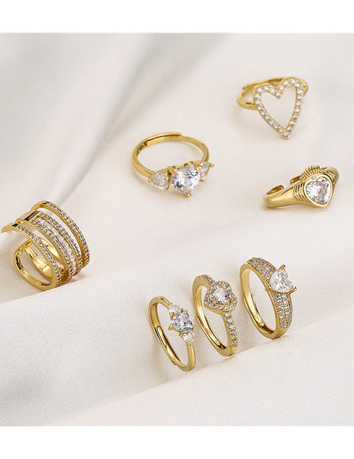 Fashion Golden Trumpet Heart Brass Zirconium Heart Open Ring