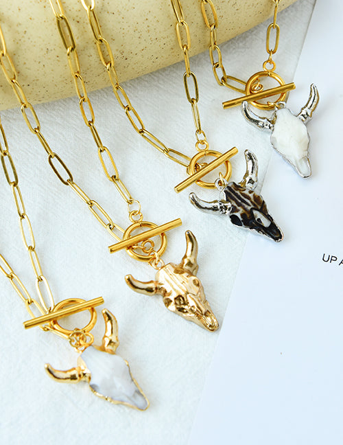 Fashion Gold+silver Titanium Steel Shell Bull Head Ot Buckle Necklace
