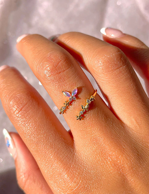 Fashion Purple Diamond Brass Diamond Gradient Butterfly Open Ring