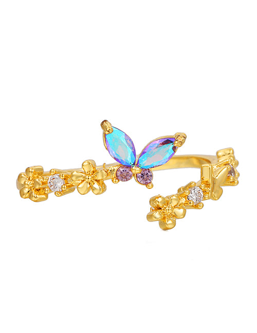 Fashion Purple Diamond Brass Diamond Gradient Butterfly Open Ring