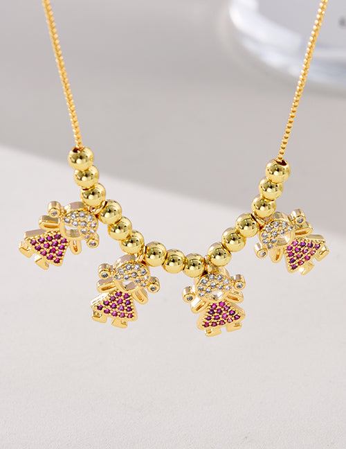 Fashion Red Copper Paved Zirconia Girls Pendant Beaded Necklace