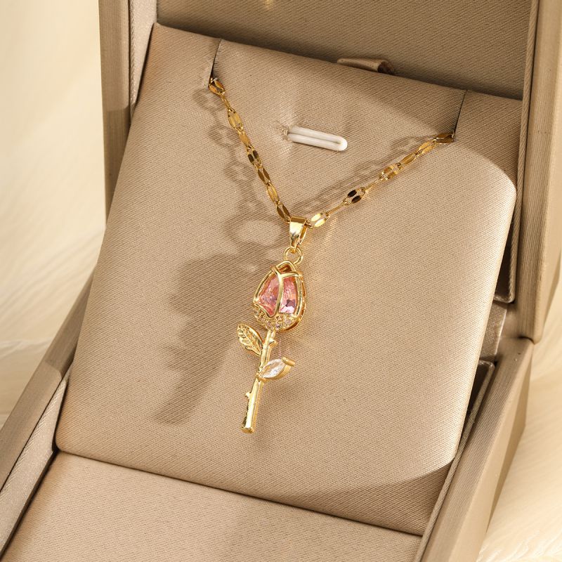 Fashion Red Stainless Steel Diamond Flower Necklace