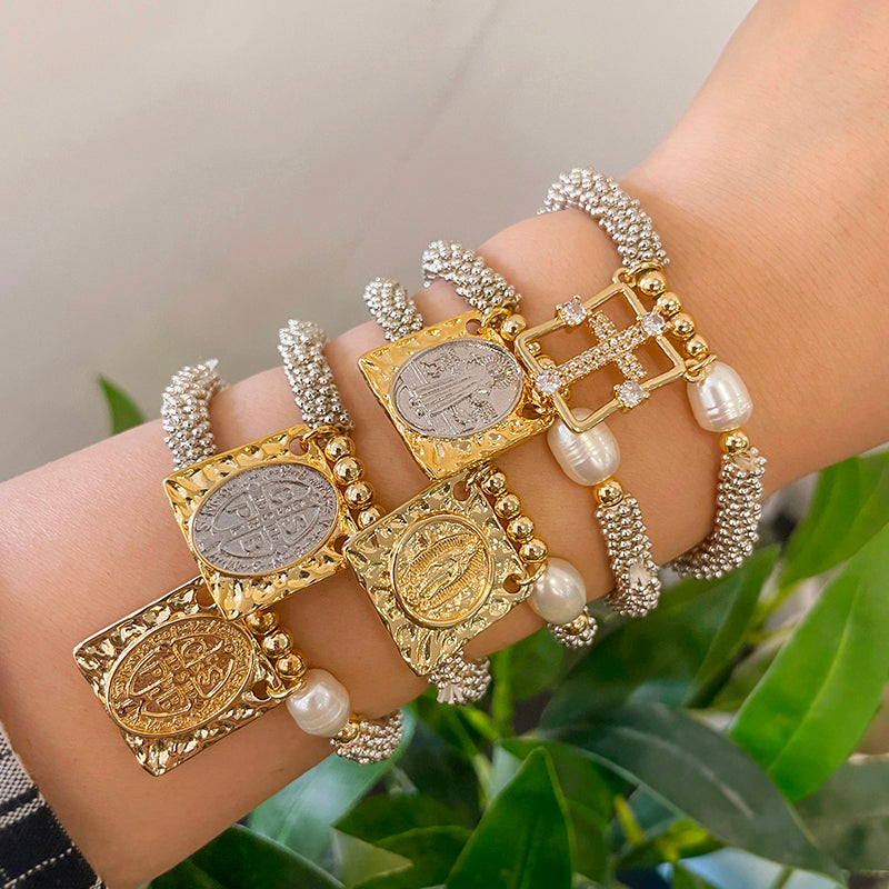 Fashion Silver 2 Copper Square Figure Beaded Pendant Pearl Bracelet