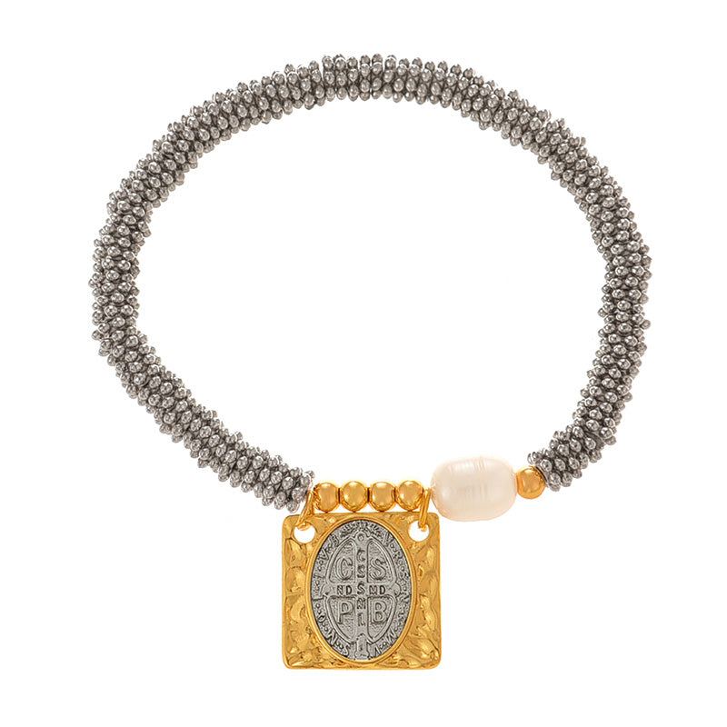 Fashion Silver 2 Copper Square Figure Beaded Pendant Pearl Bracelet
