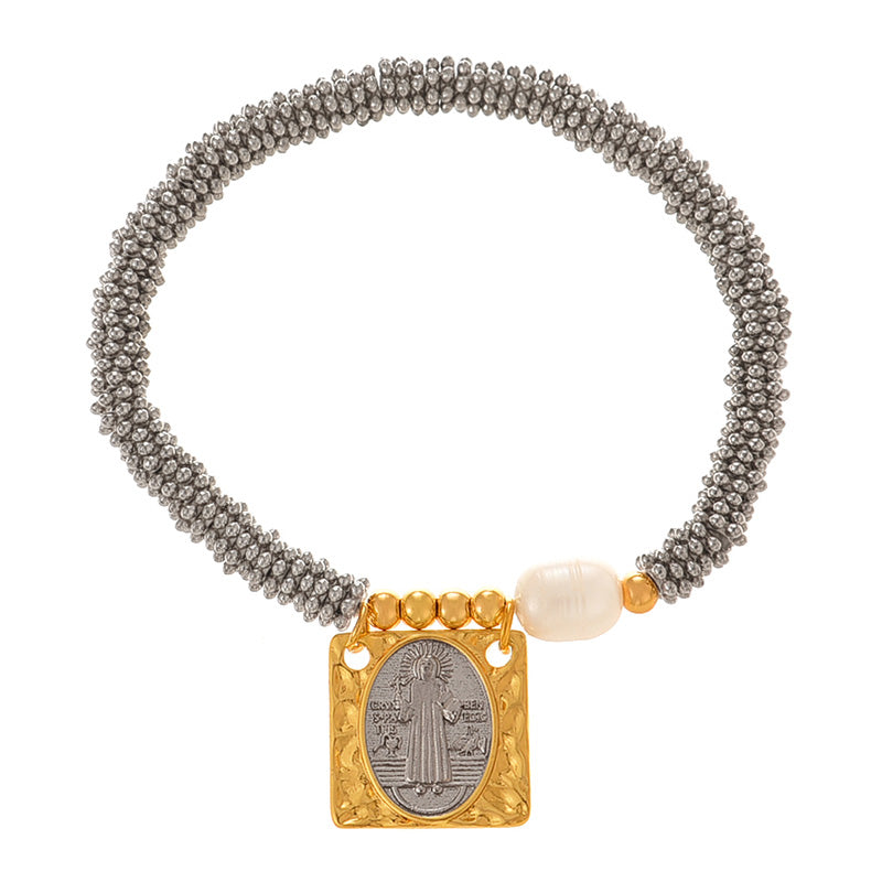 Fashion Silver 2 Copper Square Figure Beaded Pendant Pearl Bracelet