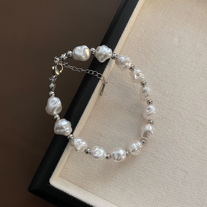Fashion Silver Imitation Pearl Beaded Titanium Steel Bracelet
