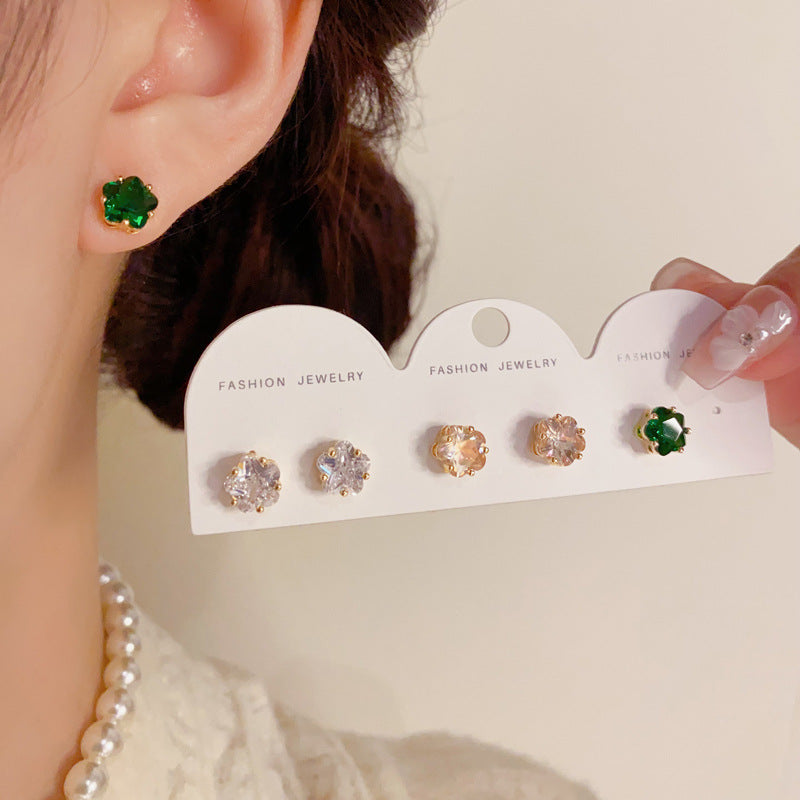 Full Diamond Three-color Petal Earrings (thick Real Gold Electroplating) Copper Diamond Flower Earring Set