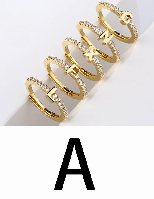 Fashion Gold A Brass Diamond 26 Letter Open Ring