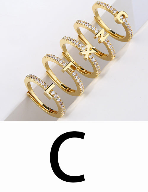 Fashion Gold A Brass Diamond 26 Letter Open Ring
