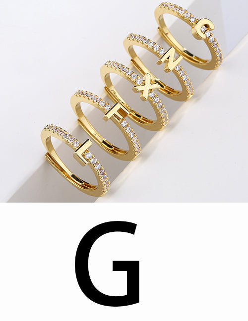 Fashion Gold A Brass Diamond 26 Letter Open Ring