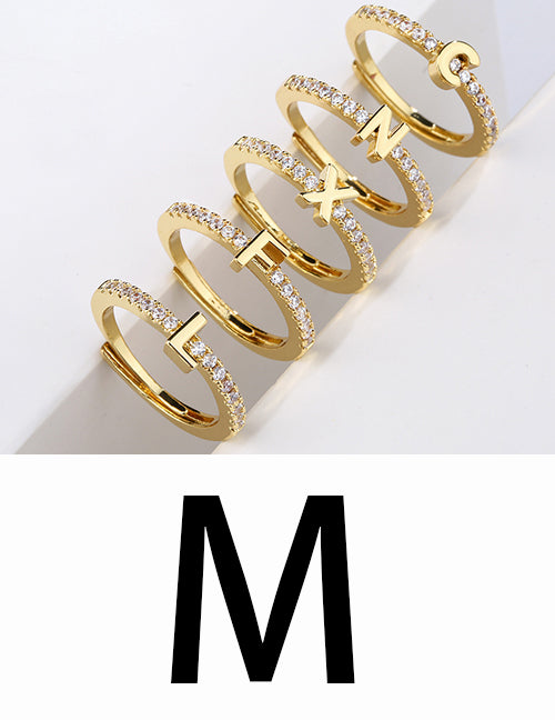 Fashion Gold A Brass Diamond 26 Letter Open Ring