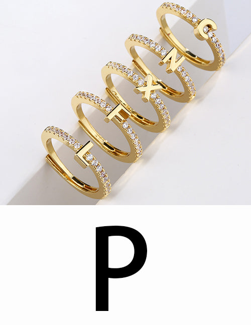 Fashion Gold A Brass Diamond 26 Letter Open Ring