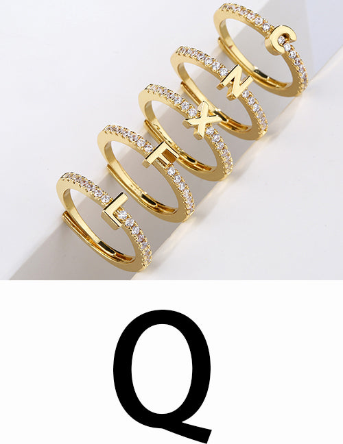 Fashion Gold A Brass Diamond 26 Letter Open Ring