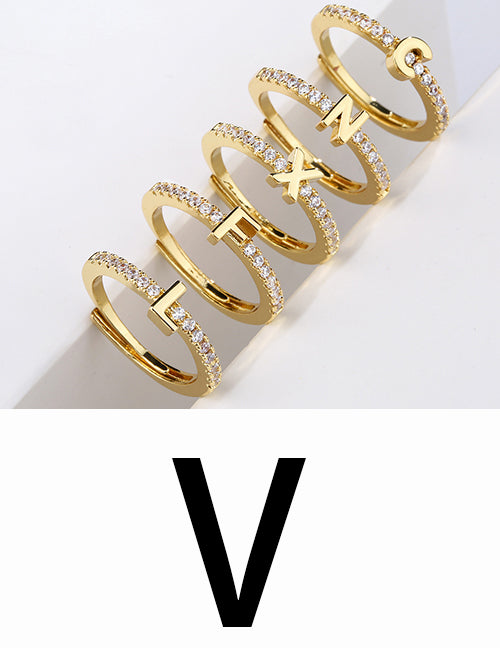 Fashion Gold A Brass Diamond 26 Letter Open Ring