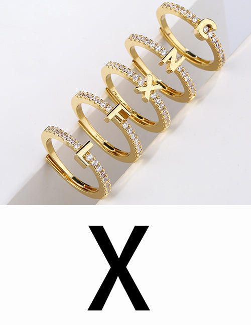 Fashion Gold A Brass Diamond 26 Letter Open Ring