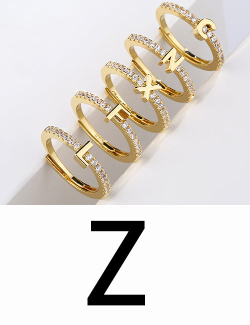 Fashion Gold A Brass Diamond 26 Letter Open Ring