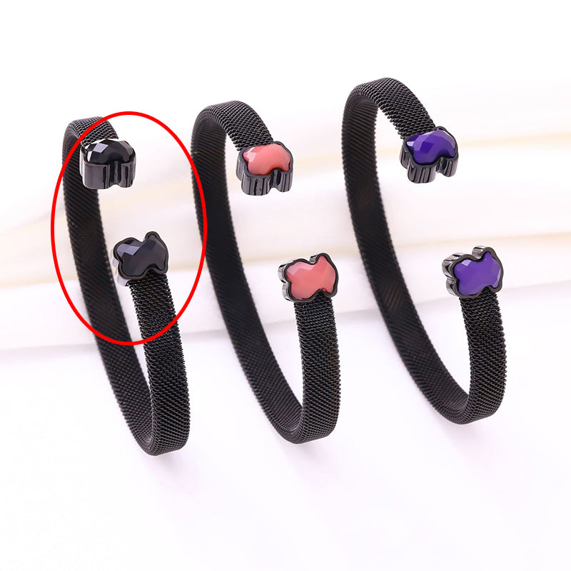 Gang + Black Stainless Steel Bear-shaped Agate Round C-shaped Bracelet