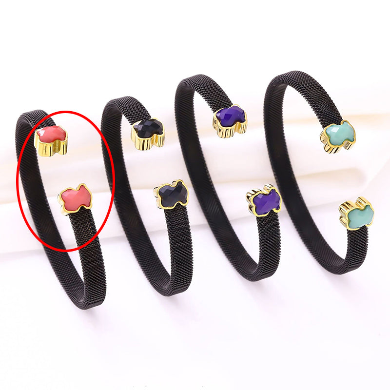 Gang + Black Stainless Steel Bear-shaped Agate Round C-shaped Bracelet