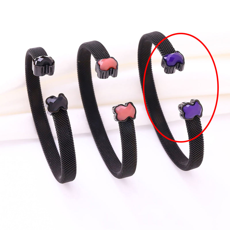Gang + Black Stainless Steel Bear-shaped Agate Round C-shaped Bracelet