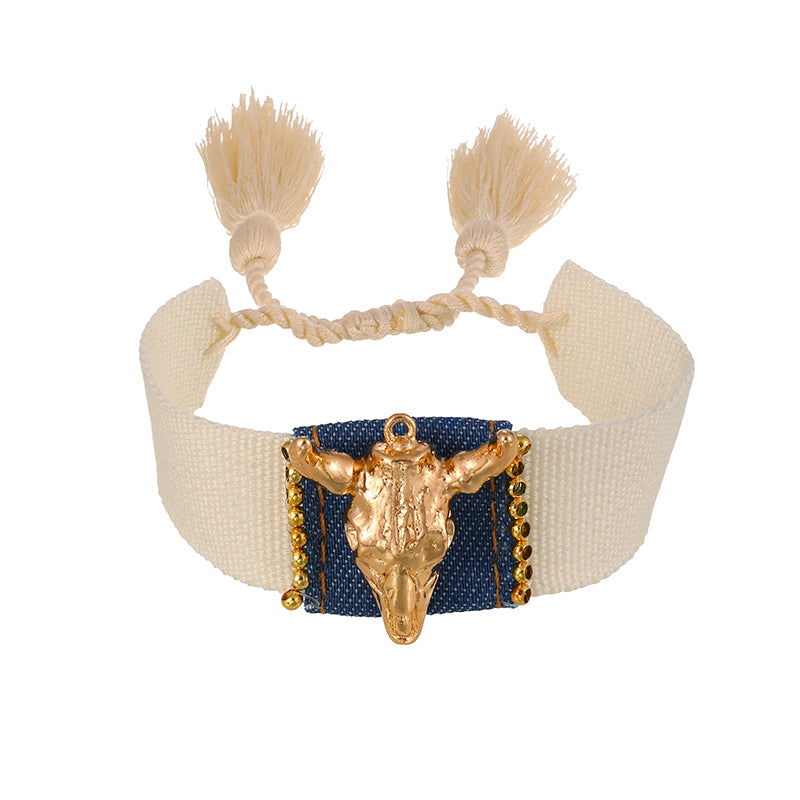 Gold 1 Alloy Bull's Head Copper Bead Woven Tassel Bracelet