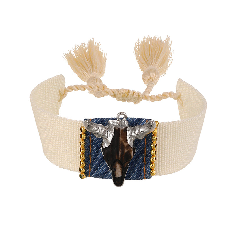 Gold 1 Alloy Bull's Head Copper Bead Woven Tassel Bracelet