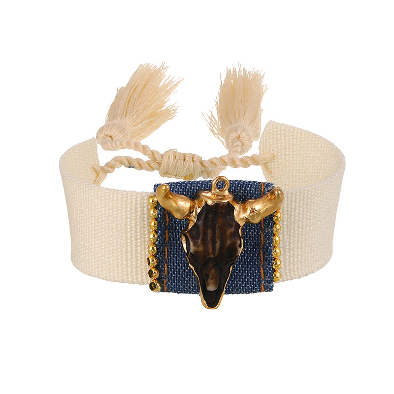 Gold 1 Alloy Bull's Head Copper Bead Woven Tassel Bracelet