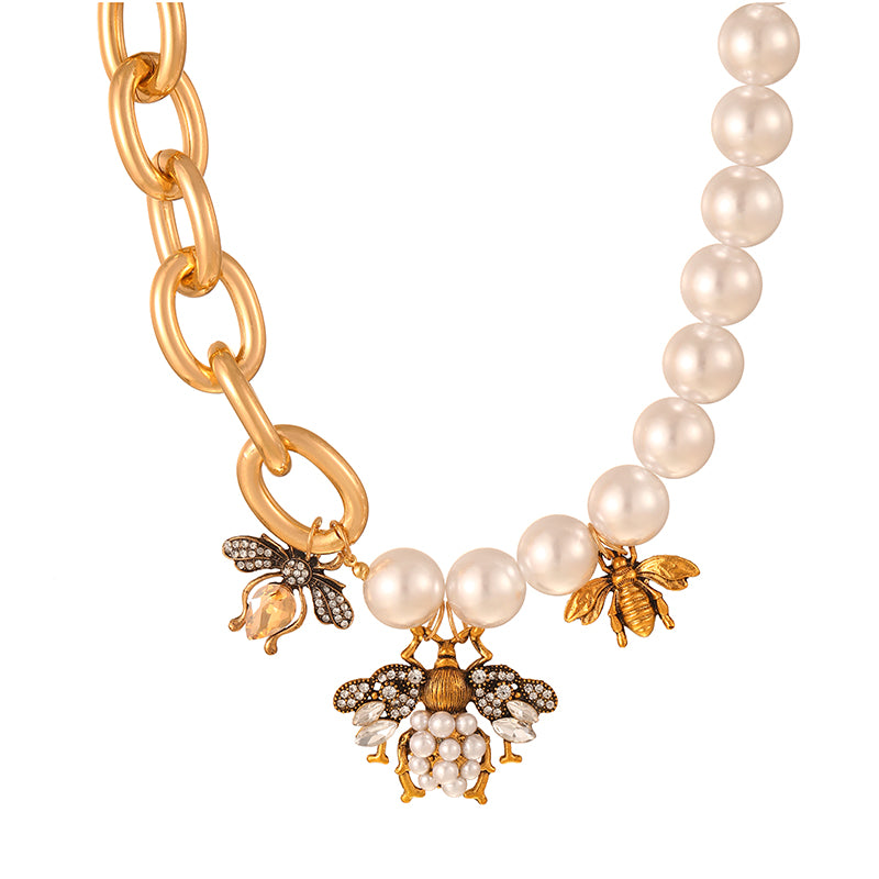 Gold 1 Alloy Diamond Bee Pearl Chain Necklace