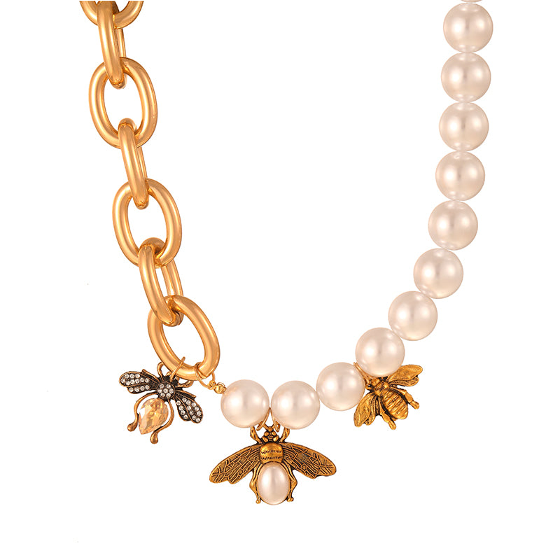 Gold 1 Alloy Diamond Bee Pearl Chain Necklace