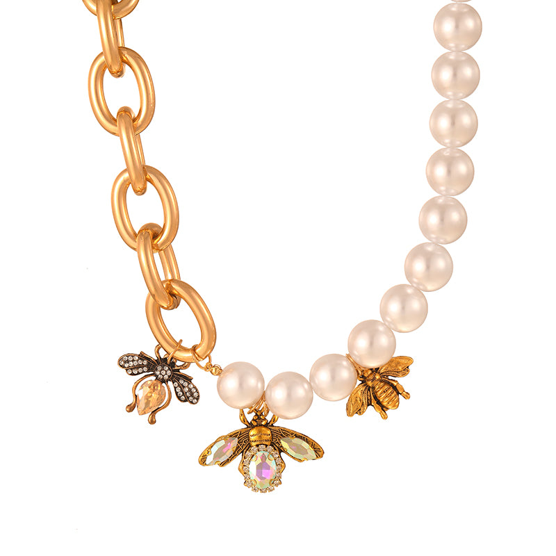 Gold 1 Alloy Diamond Bee Pearl Chain Necklace