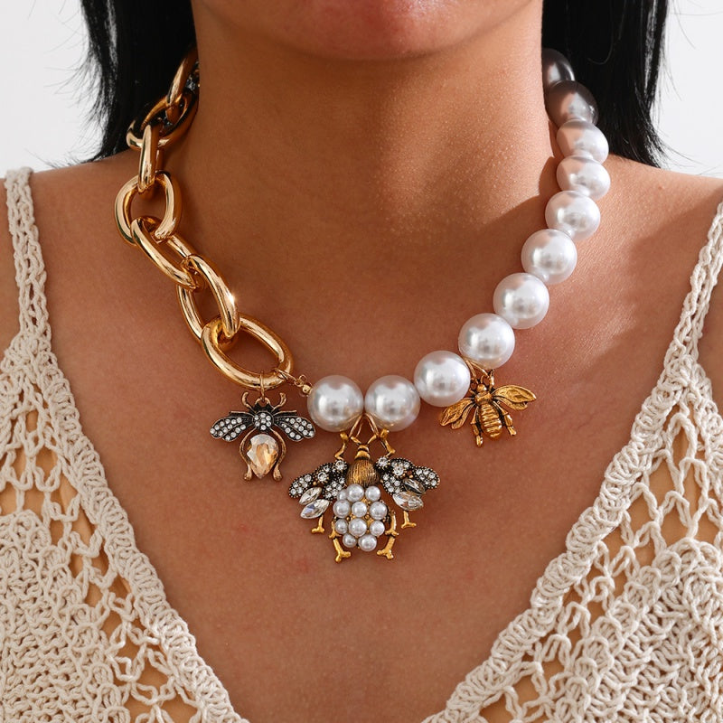 Gold 1 Alloy Diamond Bee Pearl Chain Necklace